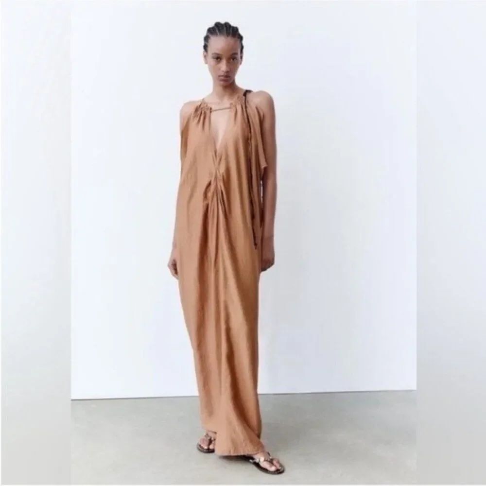 Zara Womens Kaftan Maxi Dress Small S Brown Beaded neck Sleeveless 0881/222 NWT